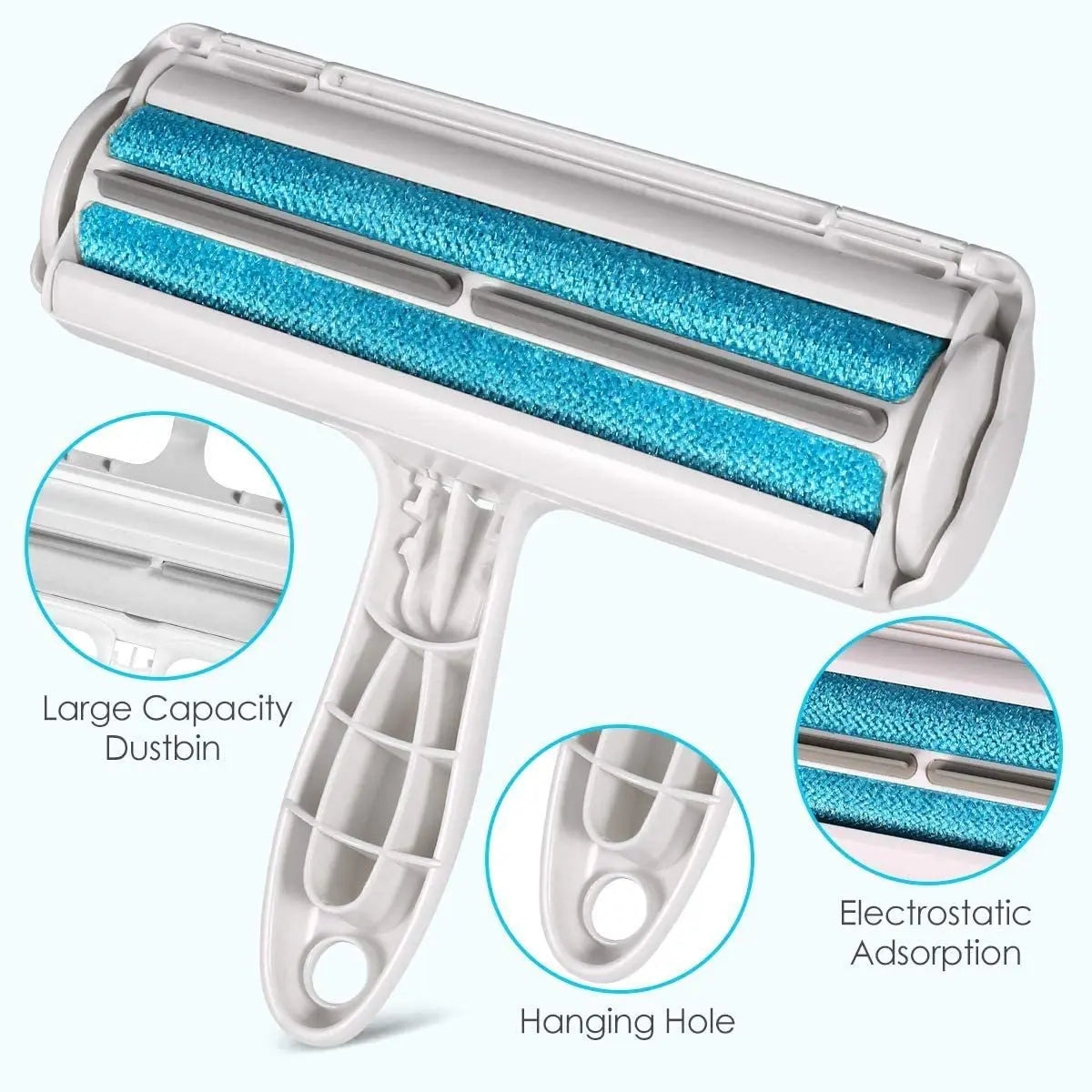 Hair remover roller features: large hair chamber, hanging hole and fabric strips