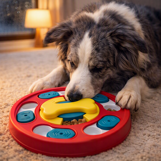 Border Collie working on a dog puzzle feeder indoors on a rainy day