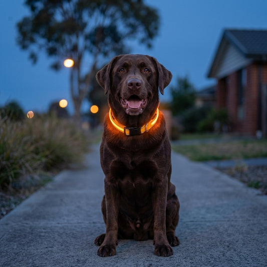 Chocolate Labrador on a suburban footpath at dusk wearing a glowing LED collar