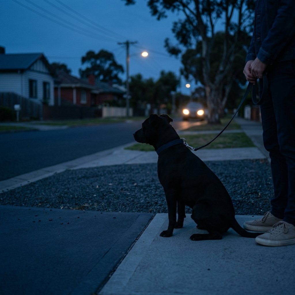 Black dog hard to see on a dark footpath at dusk