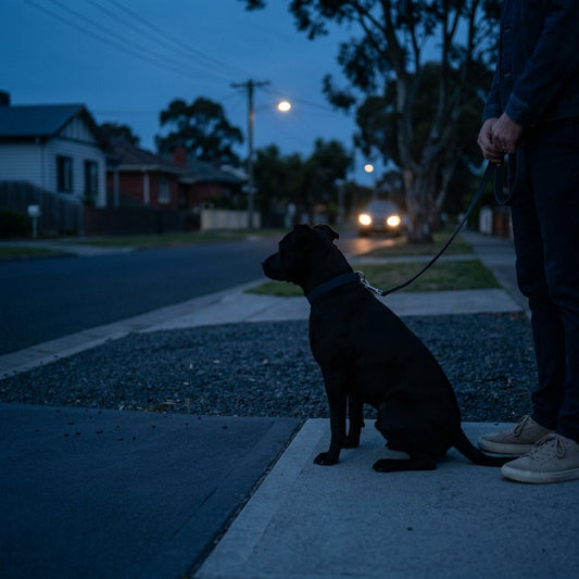 Black dog hard to see on a dark footpath at dusk