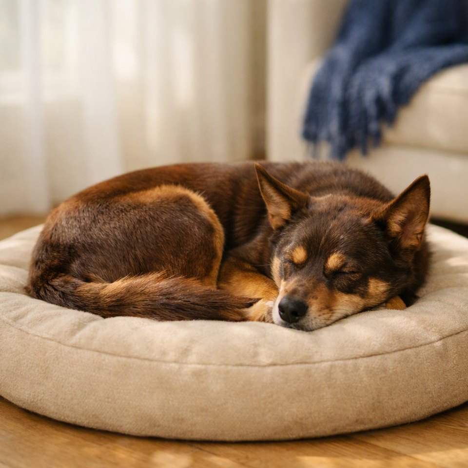Kelpie curled up asleep on a round dog bed