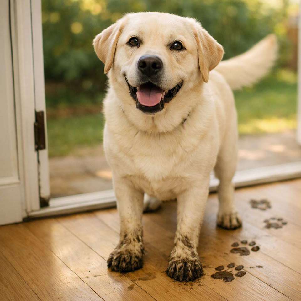 Labrador with muddy paws leaving paw prints on a wooden floor