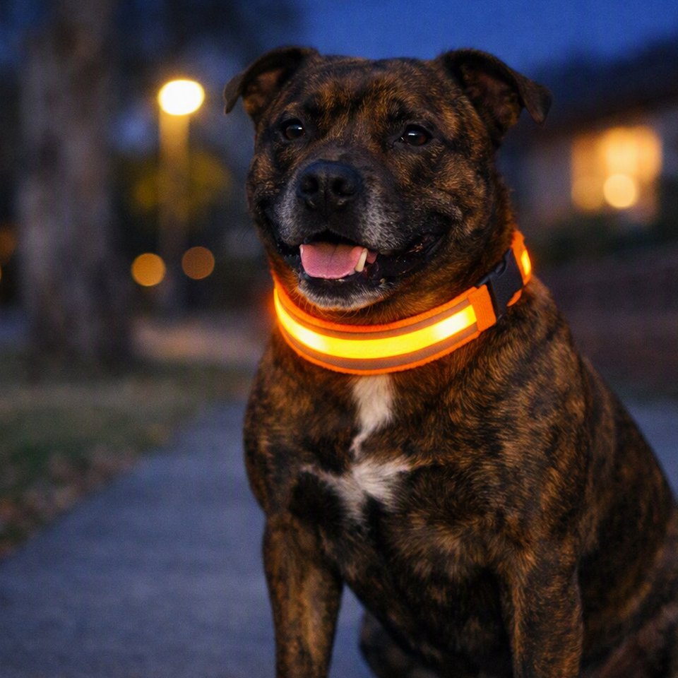 Staffy wearing a glowing orange LED collar on a footpath at dusk