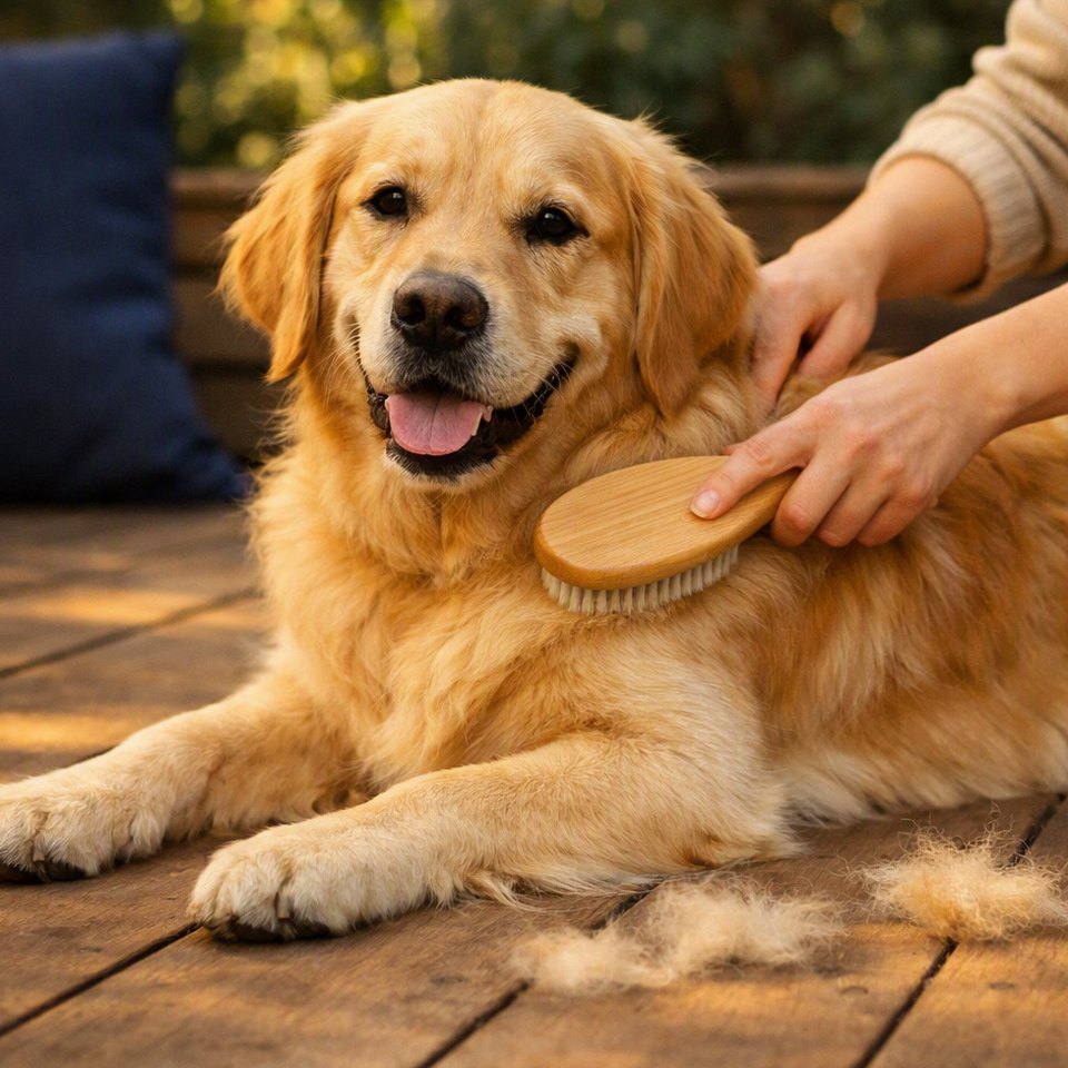 Golden retriever being brushed on a deck with loose fur beside it
