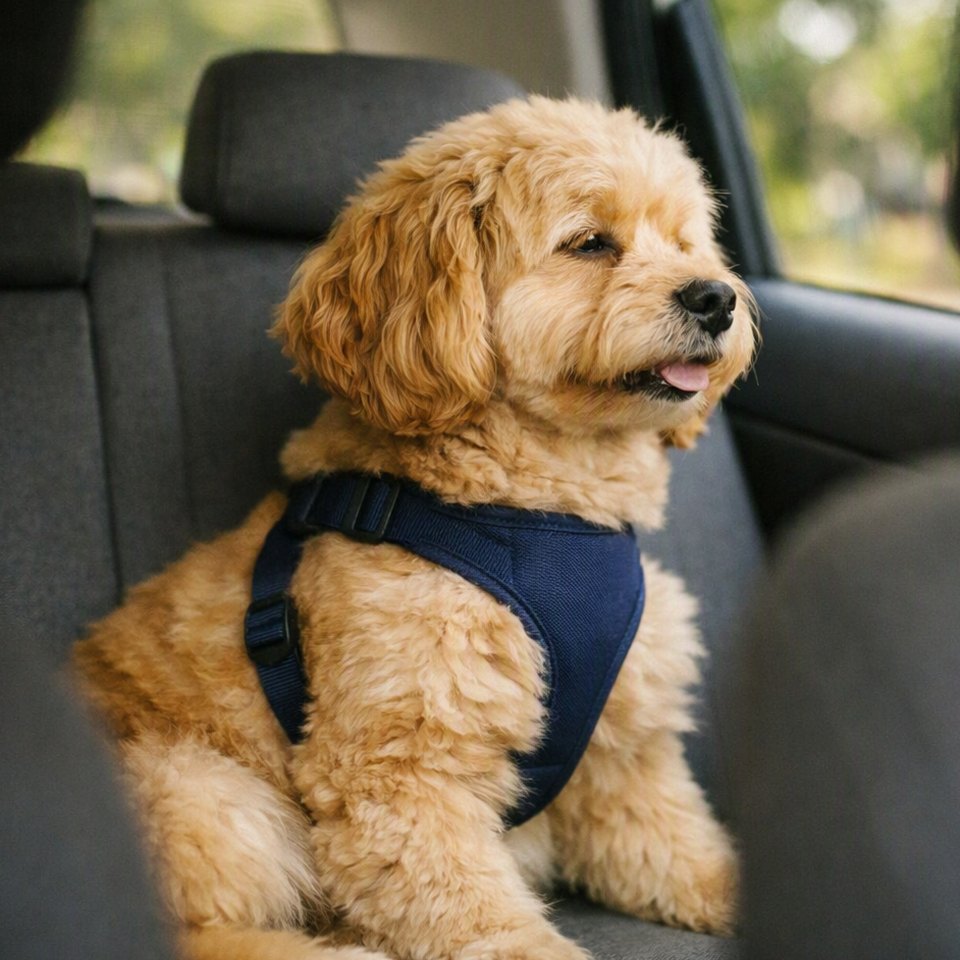 Cavoodle in a navy harness sitting on a car back seat