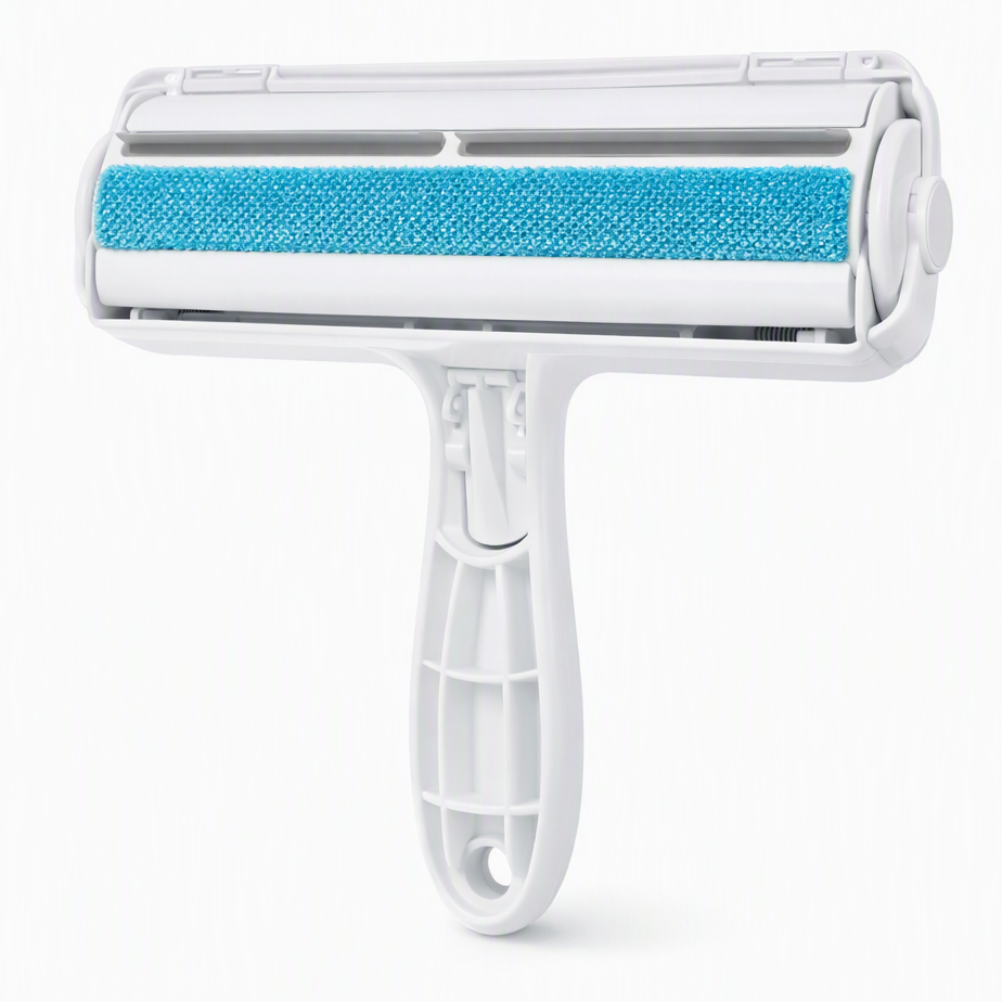 Reusable dog hair remover roller, white with blue fabric strips, on a white background
