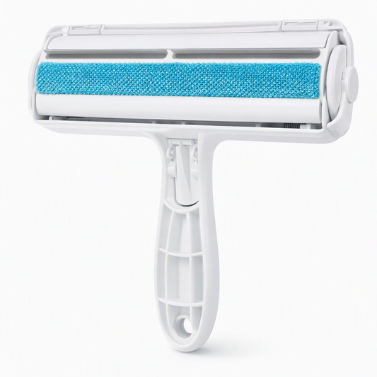 Reusable dog hair remover roller, white with blue fabric strips, on a white background