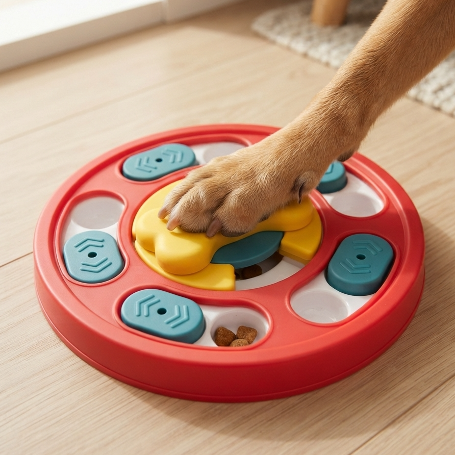 Dog's paw turning the bone-shaped centre lid of the puzzle feeder to reveal kibble.