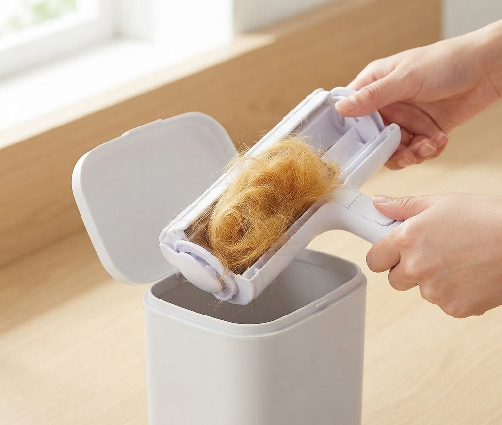 Hair chamber of the reusable roller opened over a bin, full of dog hair