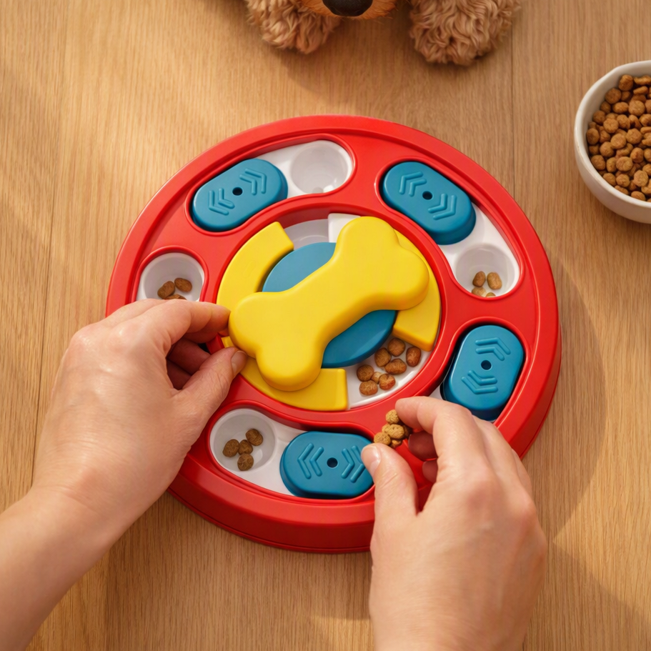 Hands filling the treat wells of the dog puzzle feeder with kibble while a dog waits.