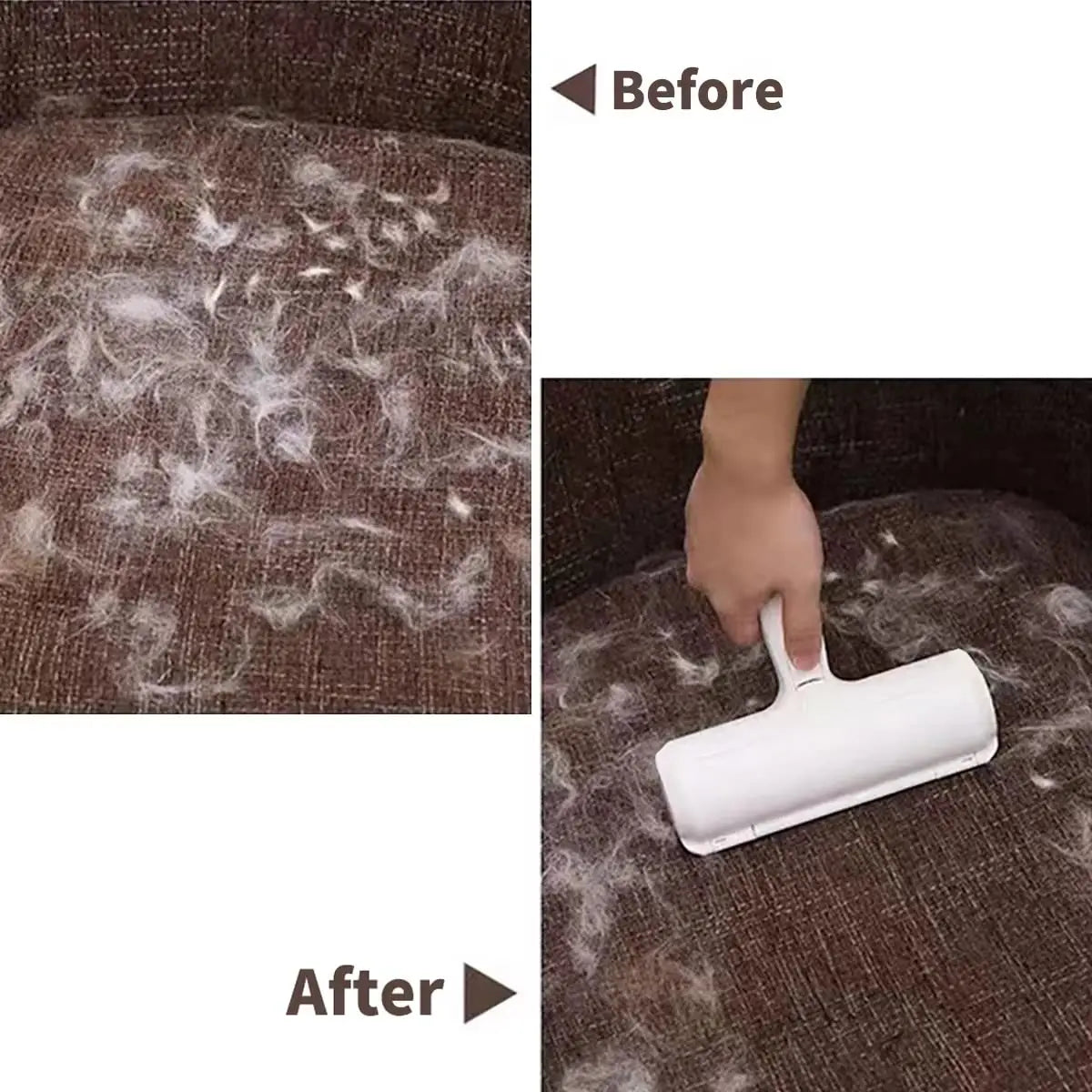 Before and after: pet hair cleared from a brown fabric couch with the hair remover roller