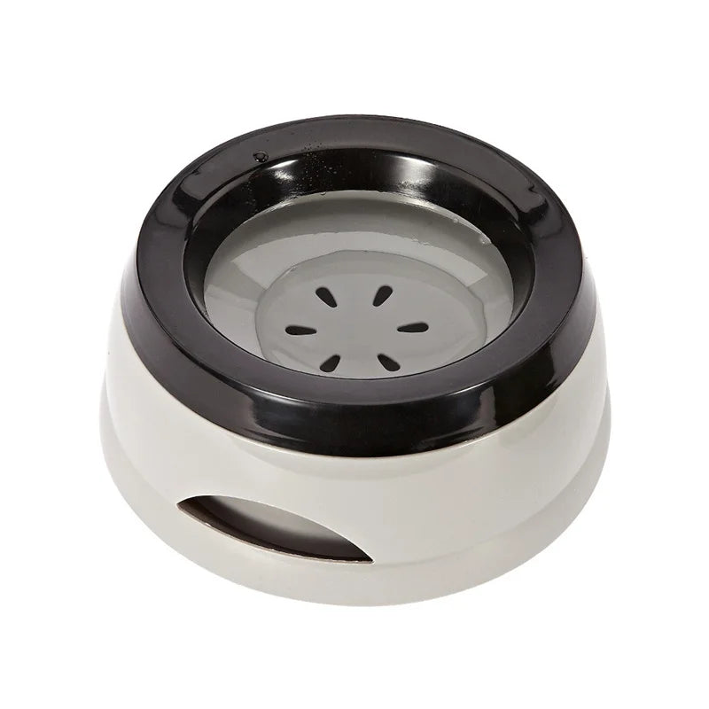 No-spill dog water bowl in grey with black rim, on a white background