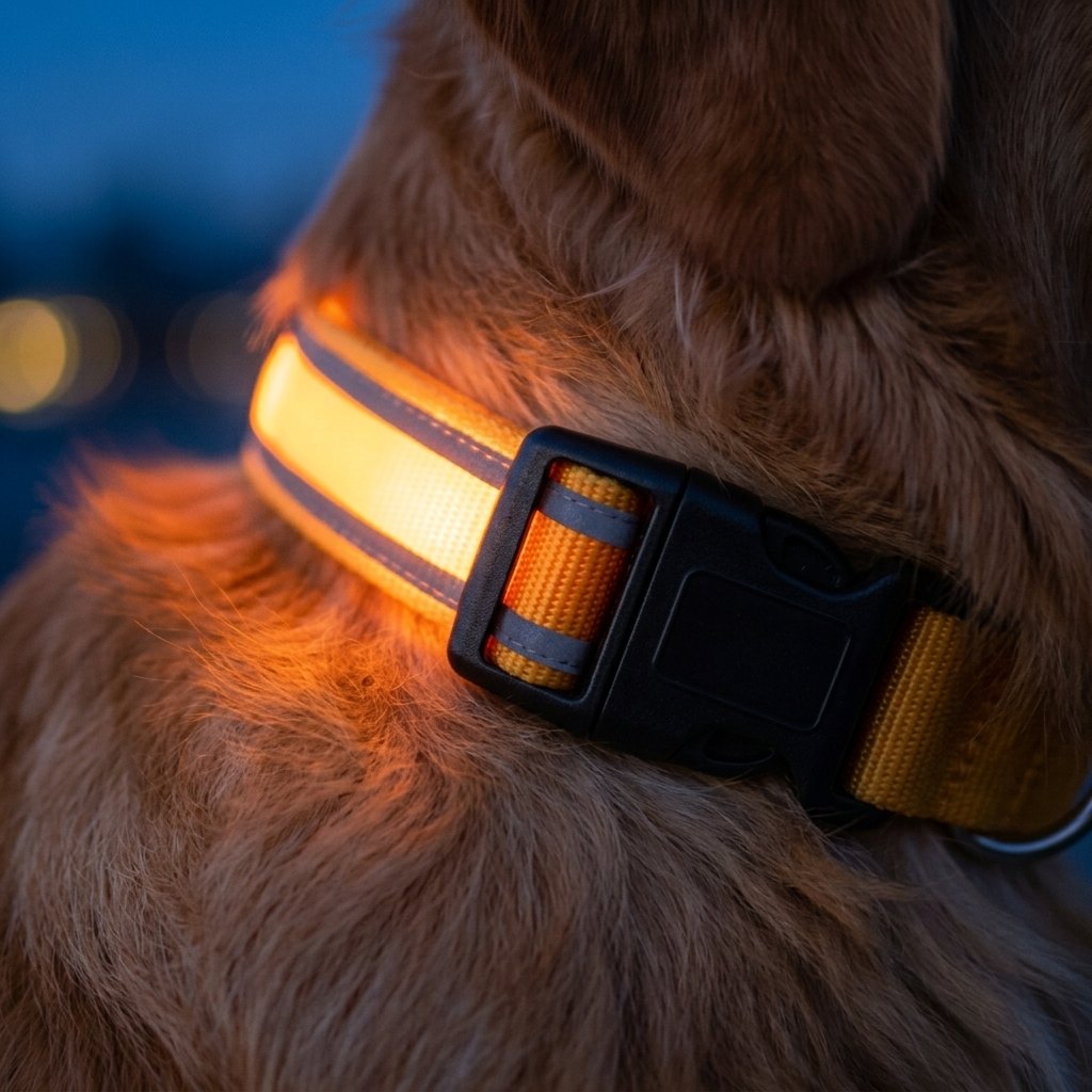 Close-up of the GlowBrite LED collar buckle and glowing light on a dog's neck
