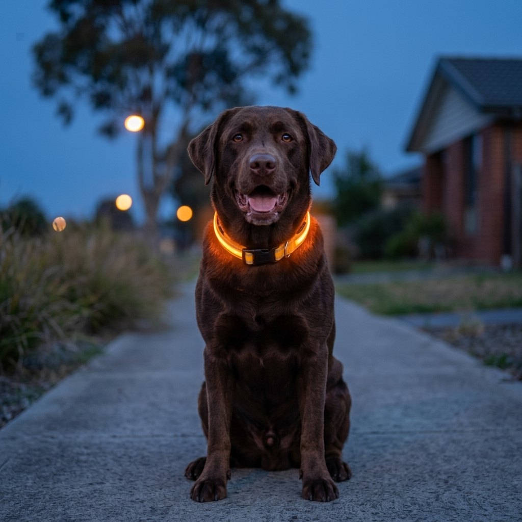 Chocolate Labrador wearing the glowing GlowBrite LED collar at dusk