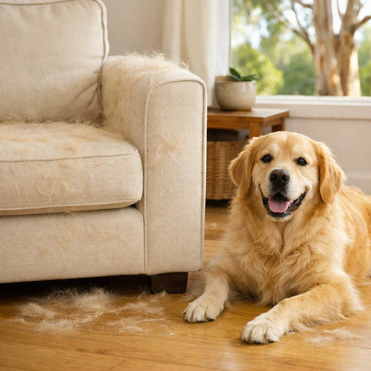 Golden Retriever beside a cream couch covered in loose dog hair