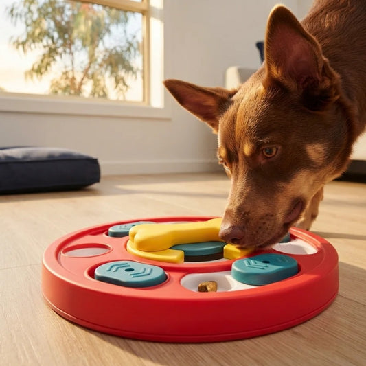 Kelpie nudging the dog puzzle feeder with its nose to find kibble on a timber floor.